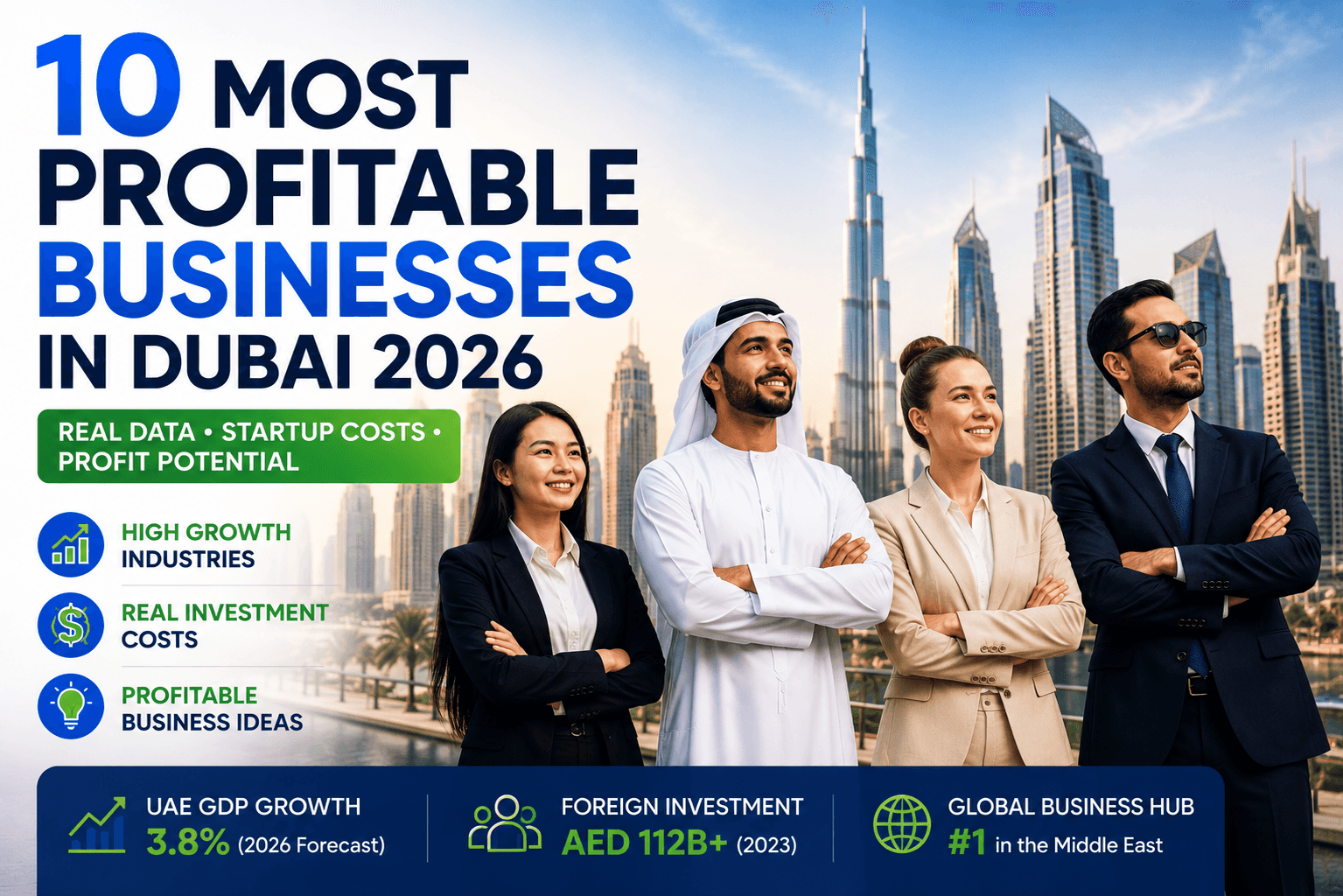 Featured image showing entrepreneurs of different nationalities with the Dubai skyline and Burj Khalifa, highlighting the 10 most profitable businesses in Dubai in 2026 with startup costs and profit potential.