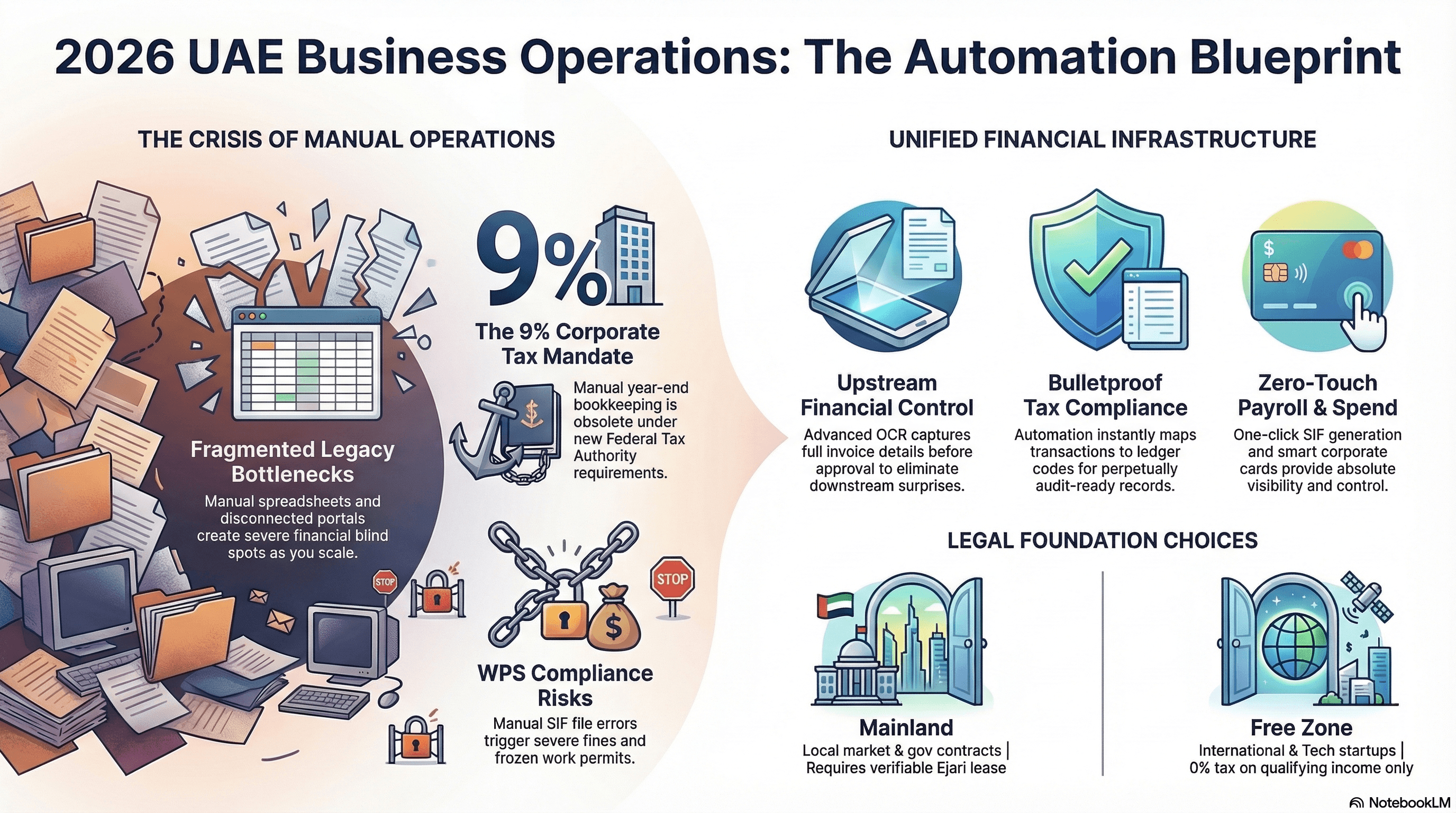 An infographic titled "2026 UAE Business Operations: The Automation Blueprint" contrasting manual operations with unified financial infrastructure. The left side highlights "The Crisis of Manual Operations," including fragmented legacy bottlenecks, the 9% Corporate Tax mandate, and WPS compliance risks. The right side showcases the "Unified Financial Infrastructure" featuring upstream financial control with OCR, bulletproof tax compliance, and zero-touch payroll and spend management. The bottom section compares legal foundation choices between Mainland and Free Zone setups in the UAE.