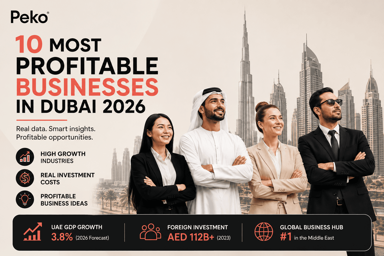 Featured image showing entrepreneurs of different nationalities with the Dubai skyline and Burj Khalifa, highlighting the 10 most profitable businesses in Dubai in 2026 with startup costs and profit potential.