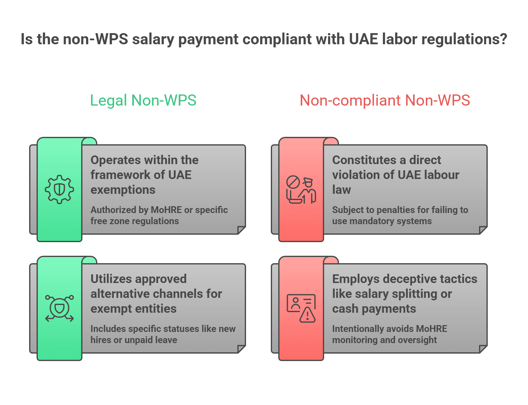 Comparison infographic showing compliant and non-compliant non-WPS salary structures in the UAE, including MoHRE-approved exemptions, free zone payroll rules, salary splitting risks, and labour law violations.