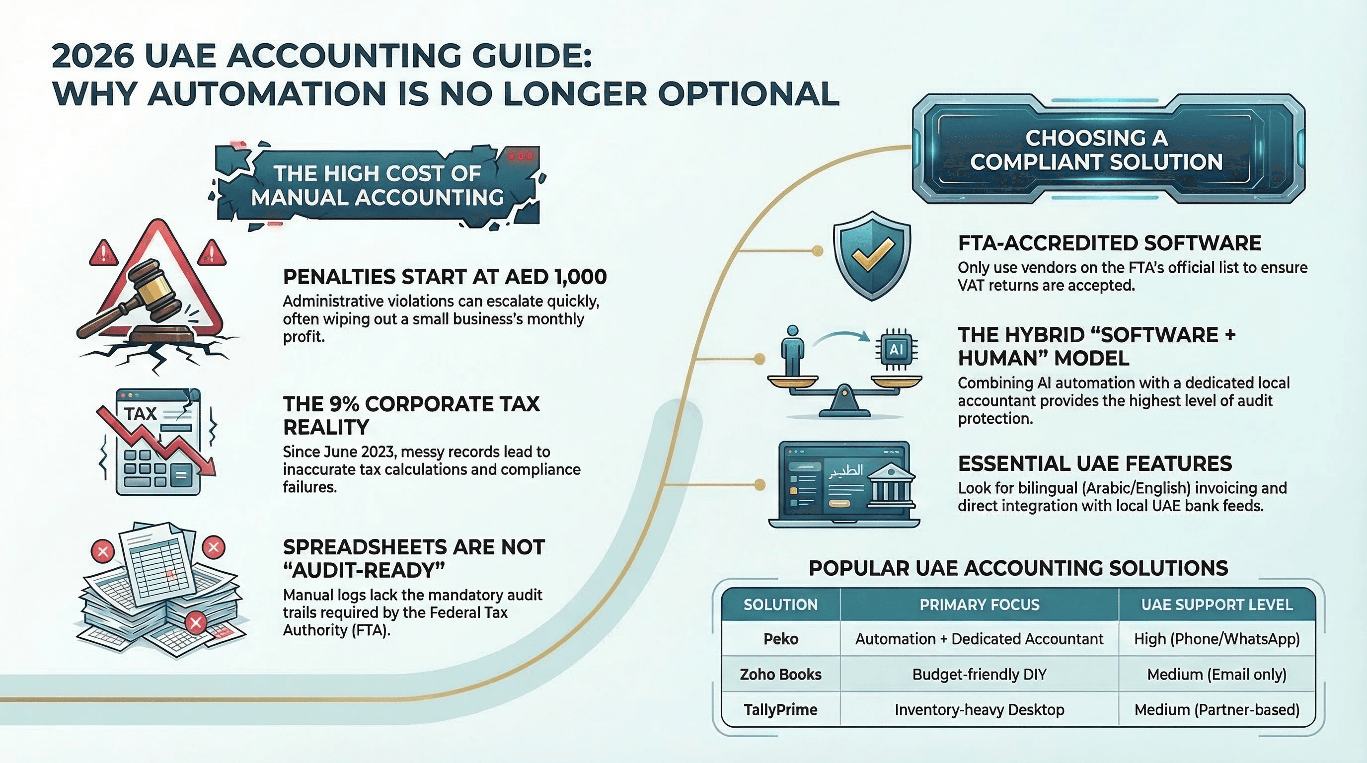2026 UAE accounting guide infographic showing automation benefits, VAT compliance, corporate tax impact, and comparison of accounting software solutions like Peko, Zoho Books, and TallyPrime