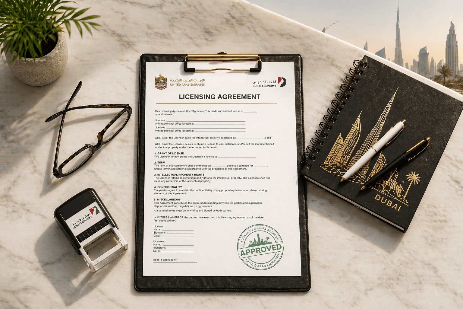 An approved Dubai Economy licensing agreement on a clipboard with a company stamp and notebook, representing the official trade licence issuance process for a UAE business.