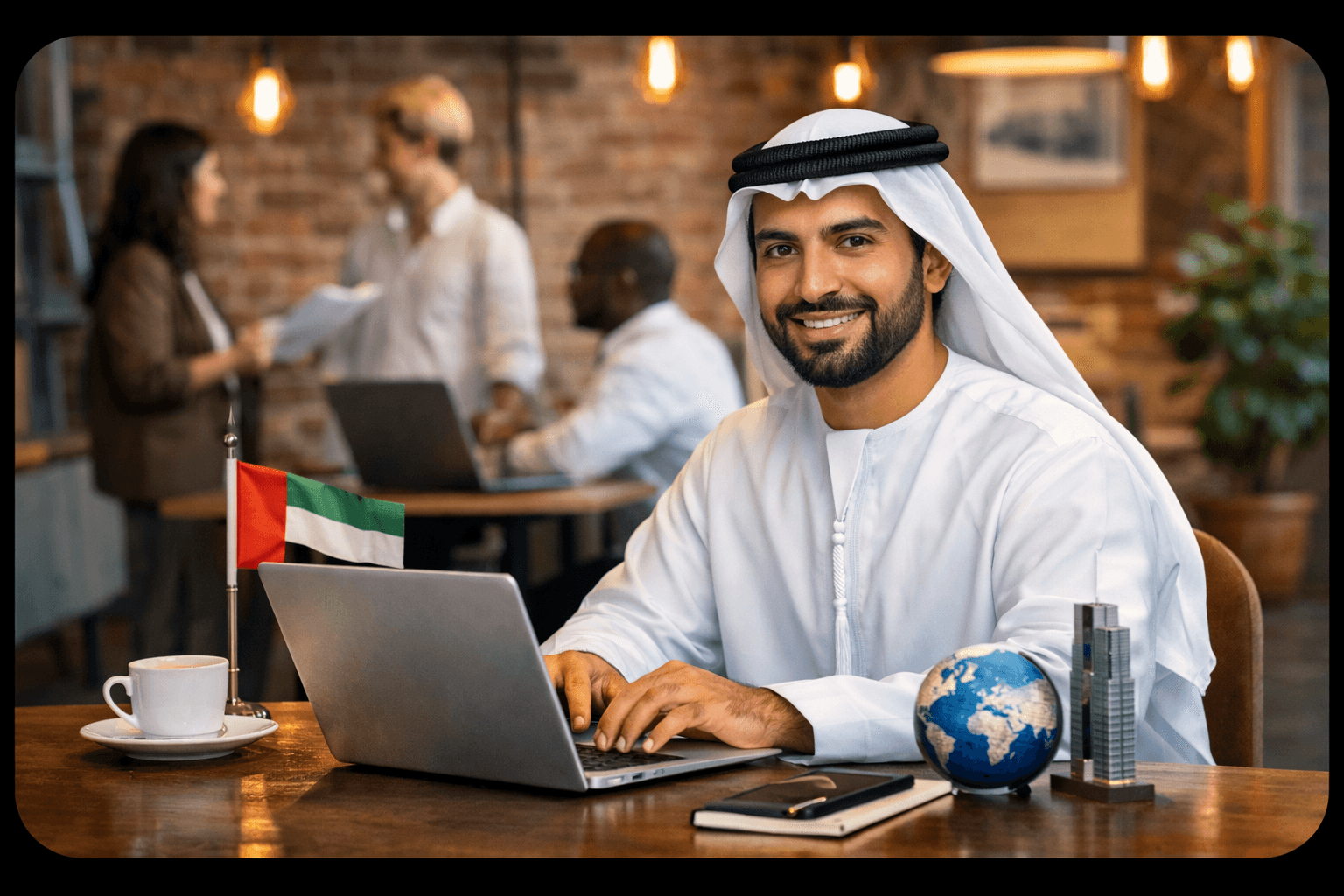 A smiling Emirati businessman in traditional dress working on a laptop at a wooden desk in a modern co-working space. A small UAE flag, a globe, and a miniature skyscraper sit next to the laptop.