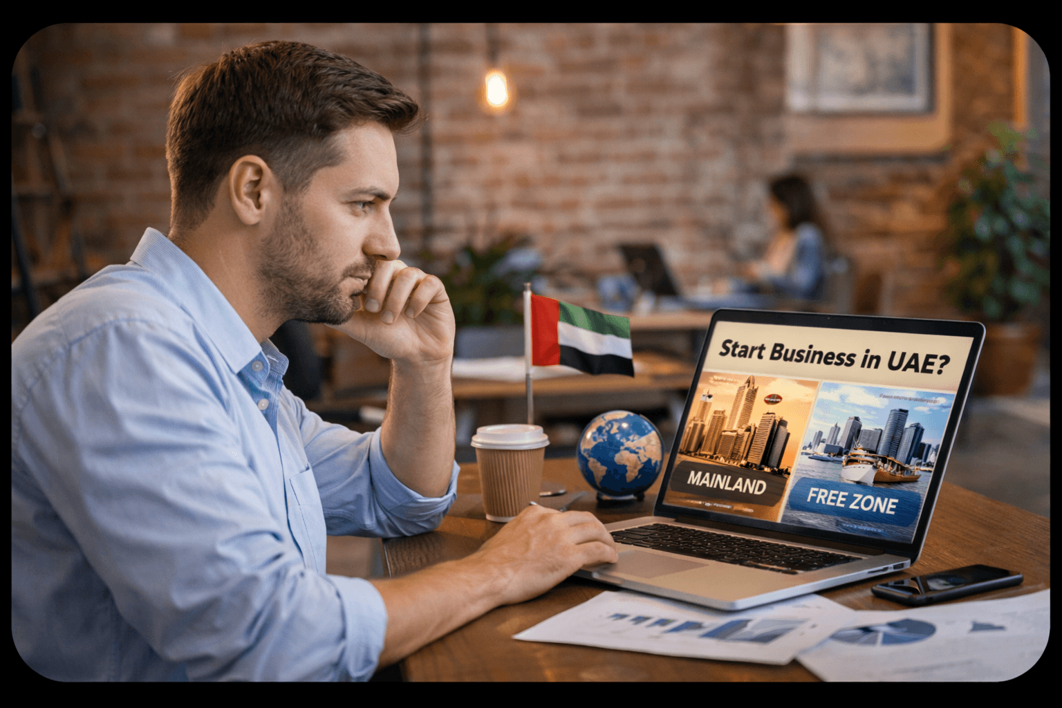 A focused entrepreneur sitting at a desk with a small UAE flag, looking at a laptop screen that displays a choice between Mainland and Free Zone business setup in the UAE.