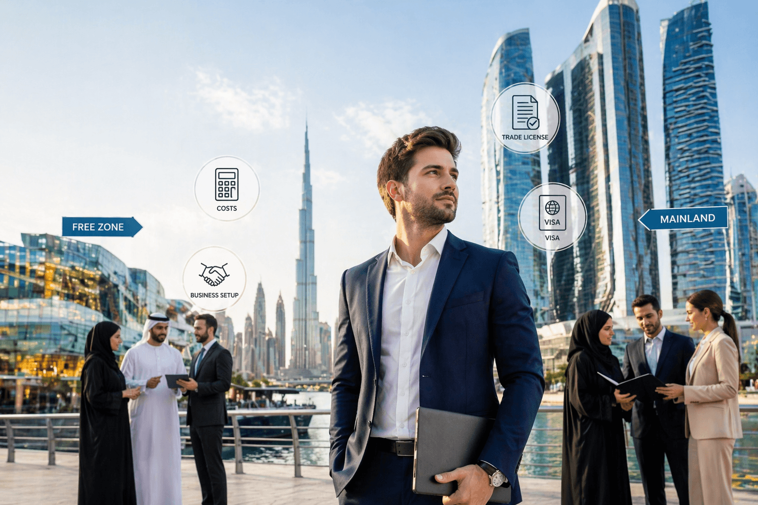 Businessman standing in front of the Dubai skyline weighing options for UAE business setup, with floating decision icons for free zone, mainland, trade license, costs, and visas.