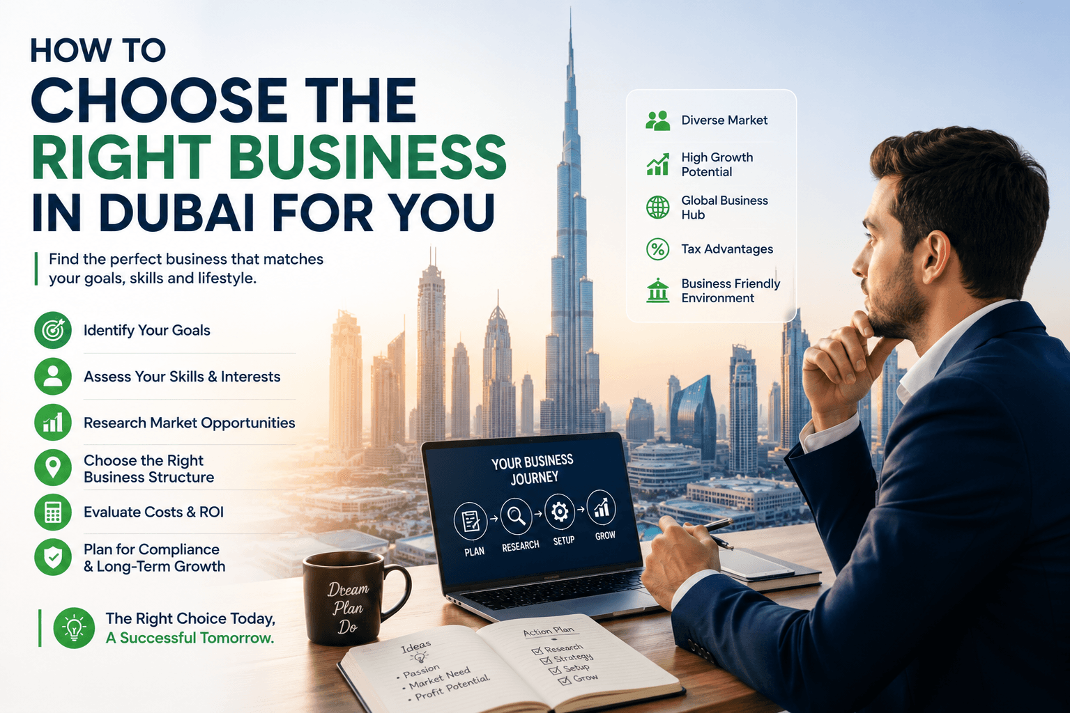 Business professional evaluating opportunities in Dubai with the Burj Khalifa skyline, illustrating how to choose the right business in Dubai based on goals, skills, and market demand.