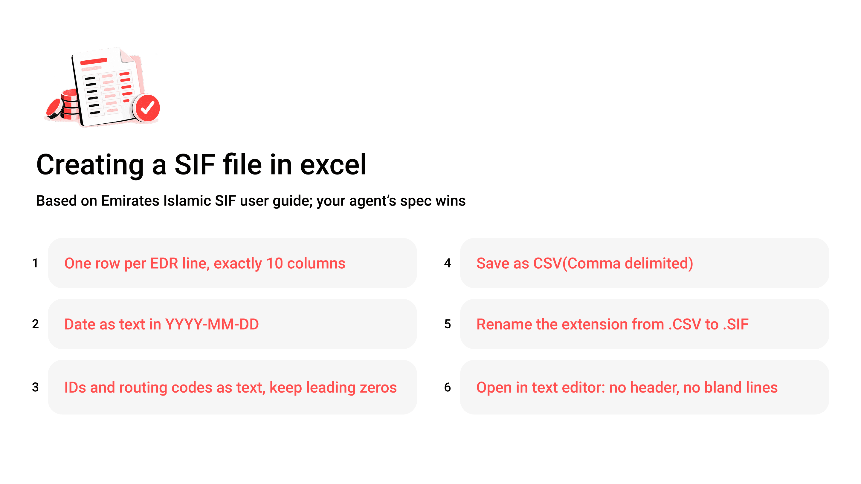 Six-step checklist for creating a SIF file in Excel and saving it with a .SIF extension