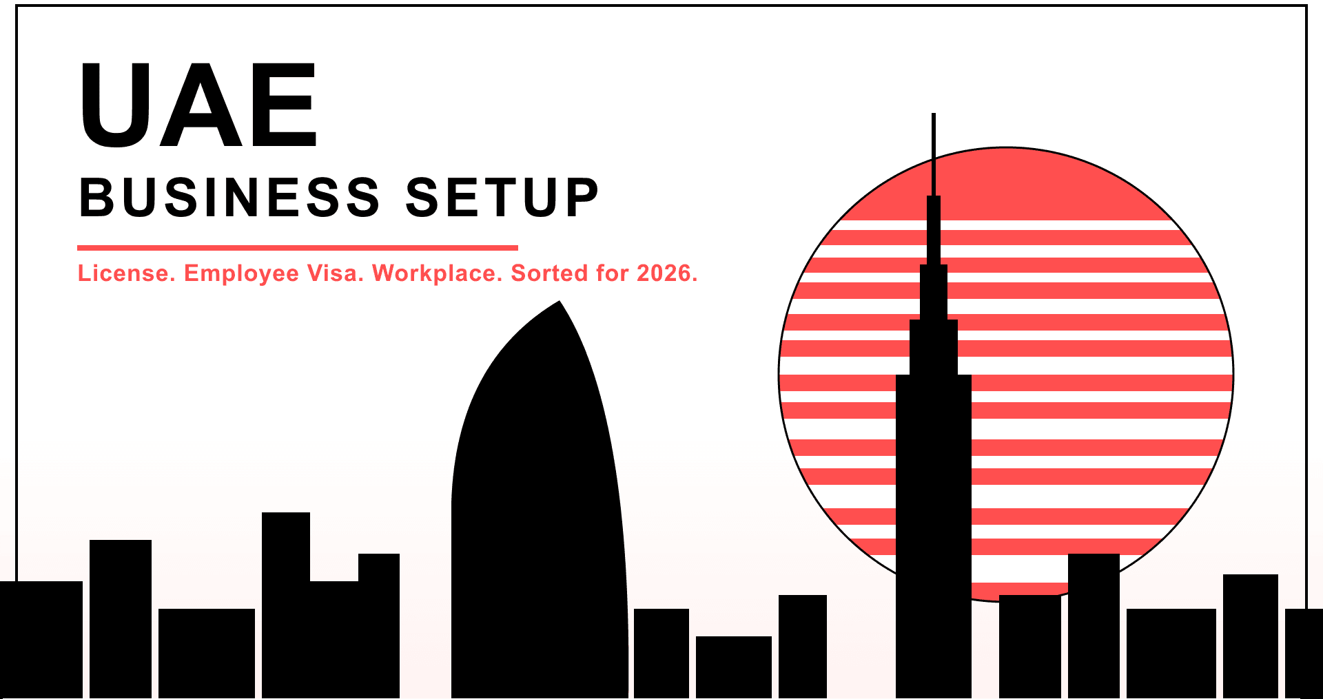 UAE business setup poster showing Dubai skyline with Burj Khalifa, representing business license, employee visa, and workplace setup steps for new companies in 2026