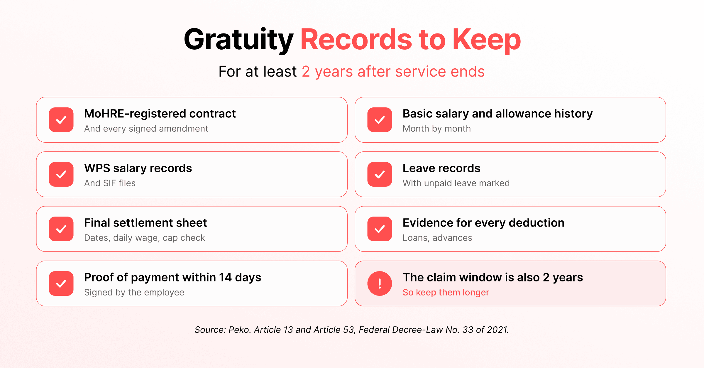 Checklist of seven gratuity records UAE employers must keep for at least 2 years after an employee leaves, including the MoHRE contract, WPS and SIF files and unpaid leave records
